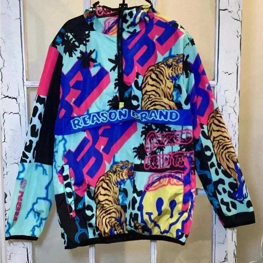 Reason Brand Jacket Mens Large Windbreaker Neon Y2K Quarter Zip Hooded Sz Small